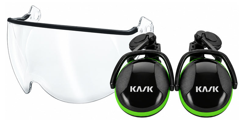 KASK V2 Plus Schutzvisier und SC1 Kapselgehörschutz in Grün, frontal kombiniert
