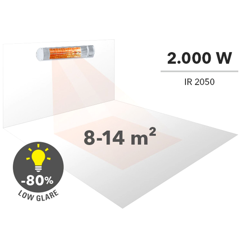 Infrarot-Heizstrahler | 2000 W | 3 Heizstufen | IP65 | blendarmes Licht | 14 m² | Trotec IR 2050