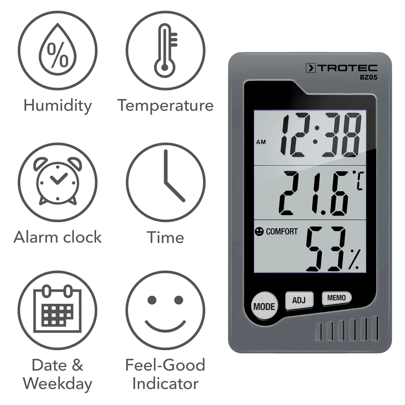 Thermohygrometer | 0 °C bis +50 °C | 10-90 % Luftfeuchtigkeit | Wohlfühlindikator | Trotec BZ05