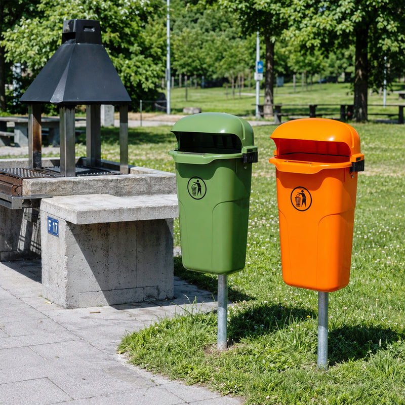 Abfalleimer 50 Liter | Modell DIN | Wandmontage | Grün / Orange | optional mit Rohrpfosten | VERWO