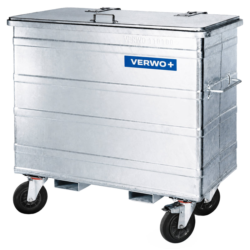 Stahlcontainer 800 Liter | bis 400 kg | feuerverzinkt | optional mit Fusspedal oder Gabelstaplerführungen | inkl. Lenkrollen & Bremse | VERWO