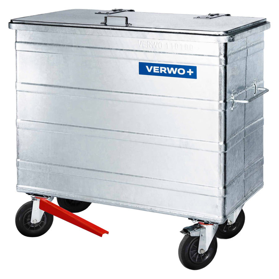 Stahlcontainer 800 Liter | bis 400 kg | feuerverzinkt | optional mit Fusspedal oder Gabelstaplerführungen | inkl. Lenkrollen & Bremse | VERWO