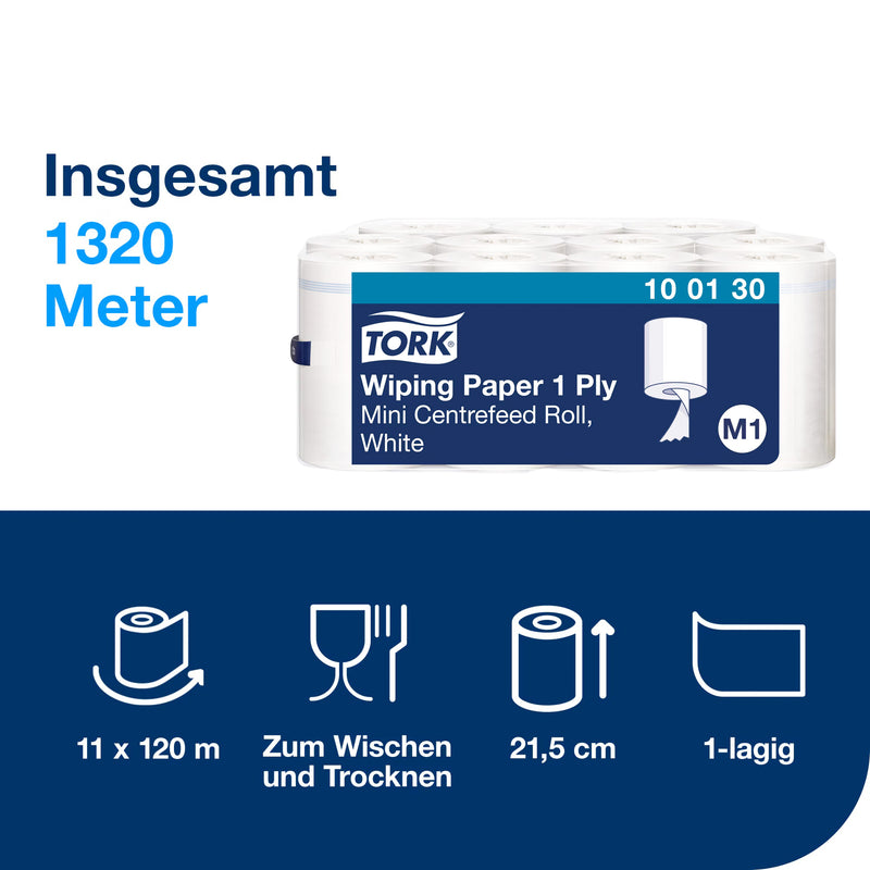 Papierwischtücher M1 | Mini | Centerfeed | hülsenlos | 1-lagig | 120 m | Advanced | TORK 100130