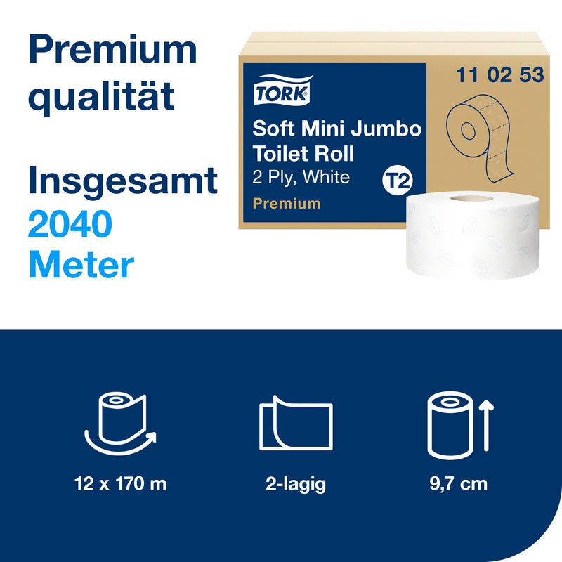 Toilettenpapier Soft Mini Jumbo T2 | 2-lagig | 170 m | 850 Blatt | Premium | TORK 110253