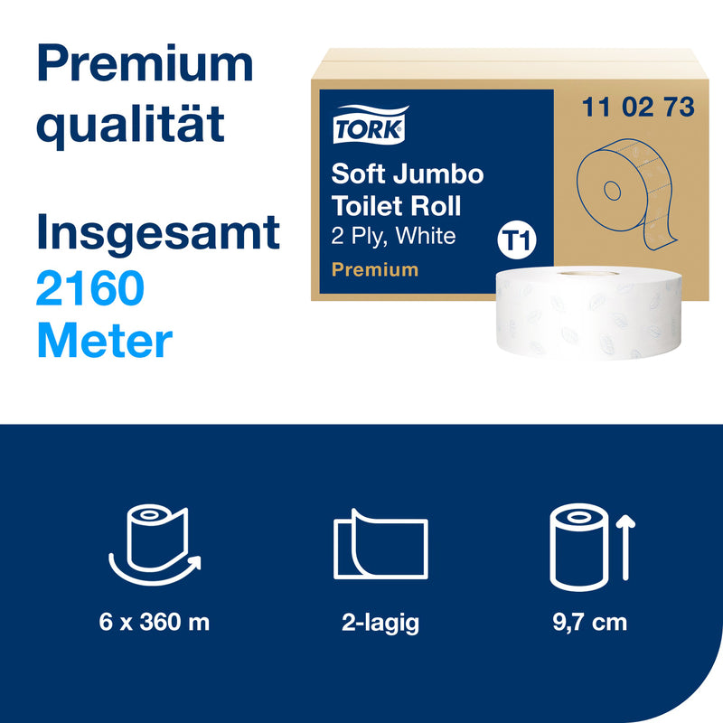 Toilettenpapier Soft Jumbo T1 | 2-lagig | 360 m | 1800 Blatt | Premium | TORK 110273