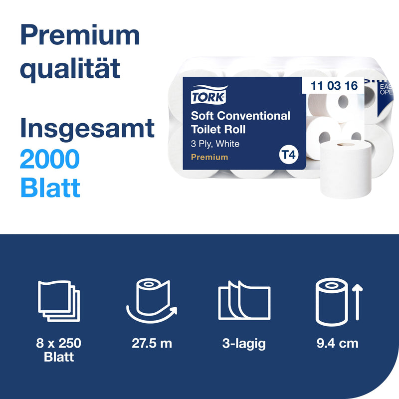 Toilettenpapier Soft Kleinrolle T4 | 3-lagig | 27,5 m | 250 Blatt | Premium | TORK 110316