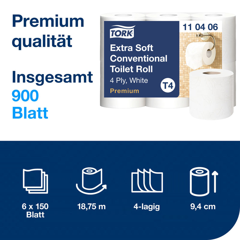 Toilettenpapier Extra Soft Kleinrolle T4 | 4-lagig | 18,75 m | 150 Blatt | Premium | TORK 110406