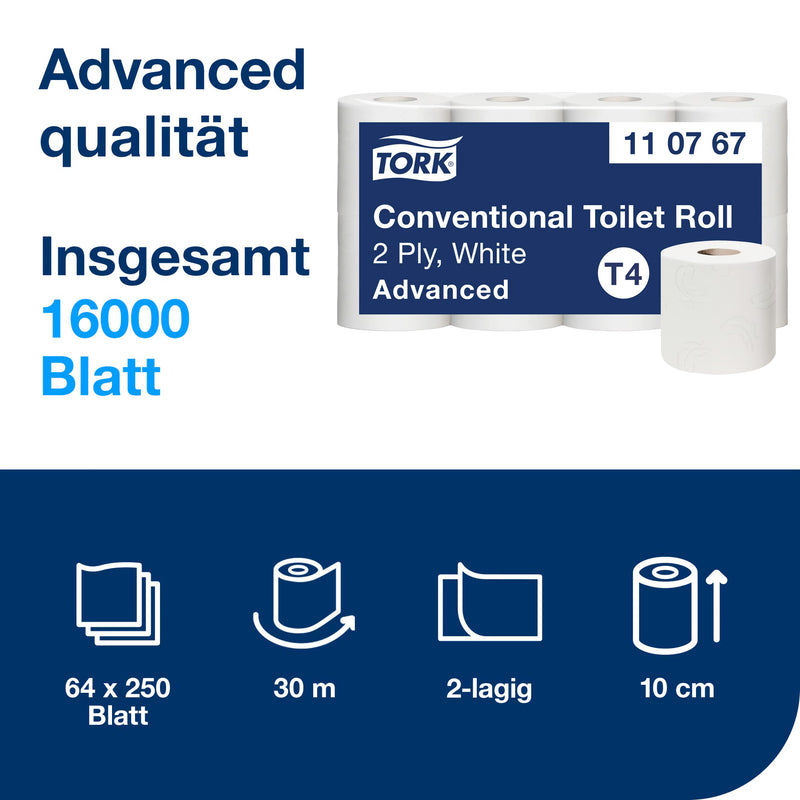 Toilettenpapier Kleinrolle T4 | 2-lagig | 30 m | 250 Blatt | Advanced | TORK 110767