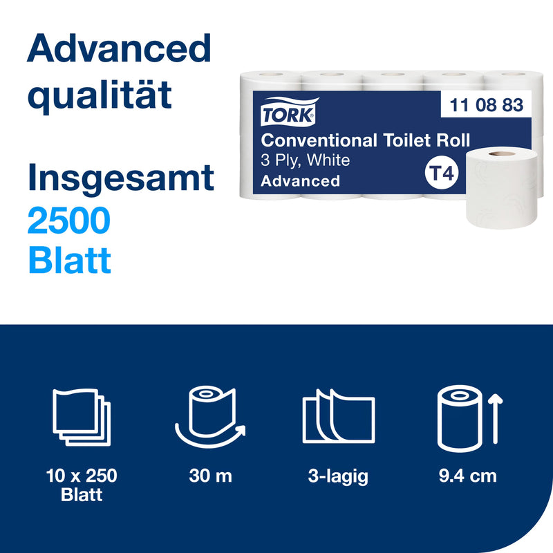 Toilettenpapier Kleinrolle T4 | 3-lagig | 30 m | 250 Blatt | Advanced | TORK 110883