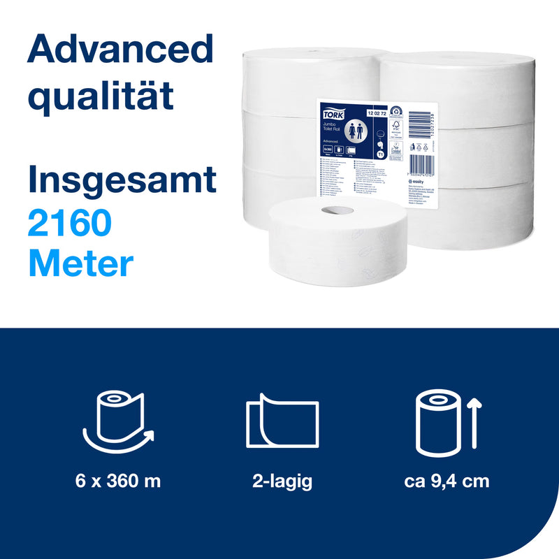 Toilettenpapier Jumbo T1 | 2-lagig | 360 m | 1800 Blatt | Advanced | TORK 120272