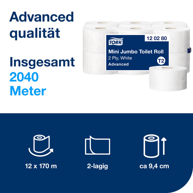 Toilettenpapier Mini Jumbo T2 | 2-lagig | 170 m | 850 Blatt | Advanced | TORK 120280