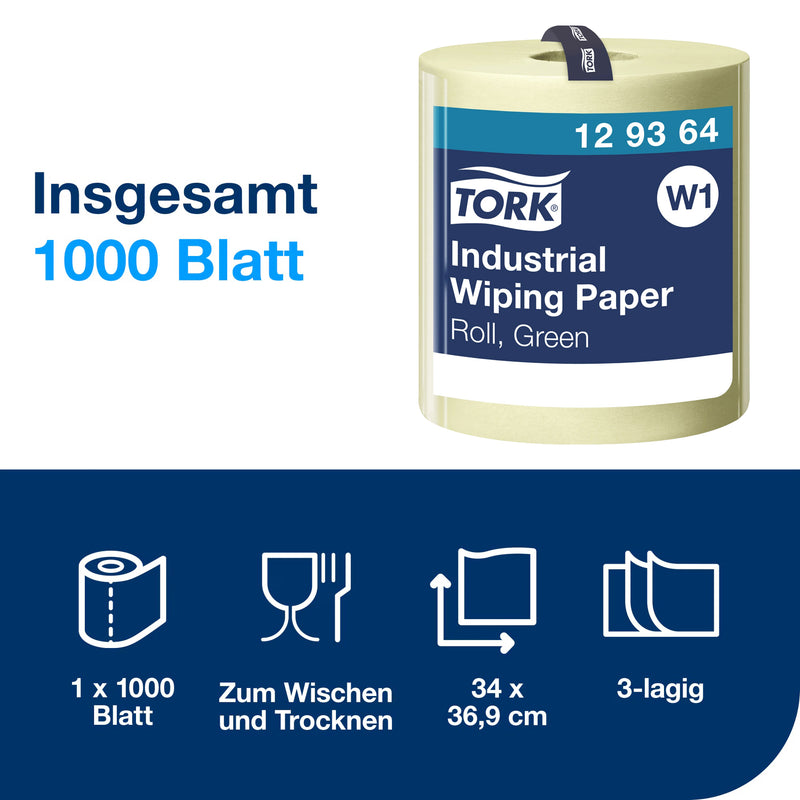 Industrie-Papierwischtücher W1 | Grün | stark & saugfähig | 3-lagig | 340 m | 1000 Blatt | Advanced | TORK 129364