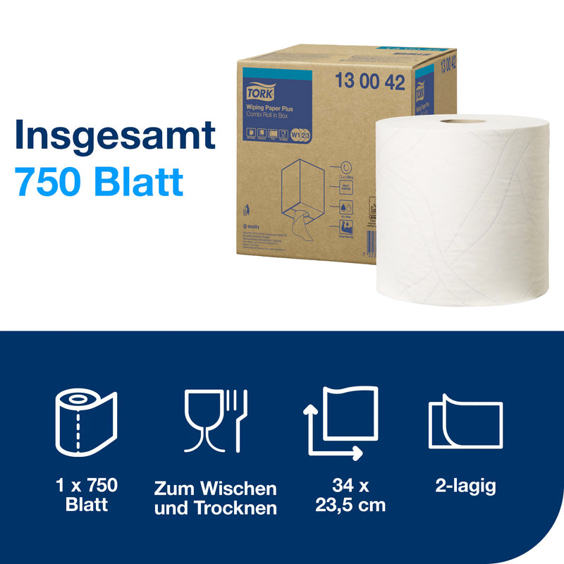 Mehrzweck-Papierwischtücher W1/2/3 | Stark | QuickDry | 2-lagig | 255 m | 750 Blatt | Premium | TORK 130042