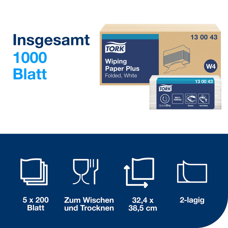Mehrzweck-Papierwischtücher W4 | EInzelblatt | Stark | 2-lagig | 32,4 x 38.5 cm | Premium |TORK 130043