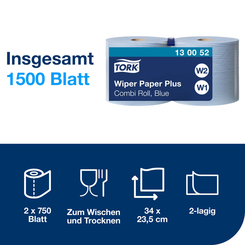 Mehrzweck-Papierwischtücher W1/2 | Blau | Stark | QuickDry | 2-lagig | 255 m | 750 Blatt | Premium | TORK 130052