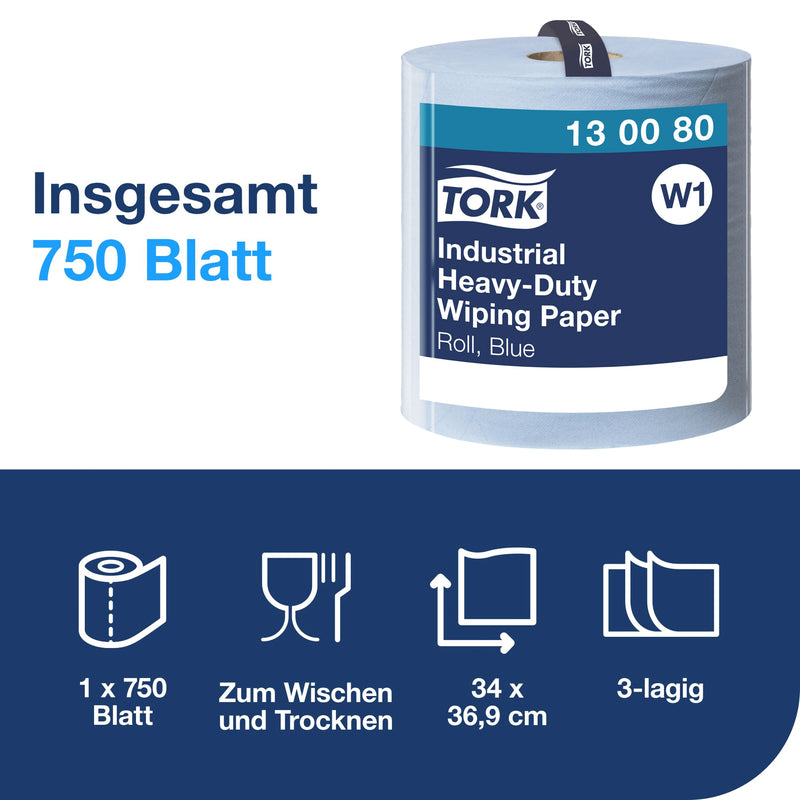 Industrie-Papierwischtücher W1 | Blau | Extra Stark | QuickDry | 3-lagig | 255 m | 750 Blatt | Premium | TORK 130080