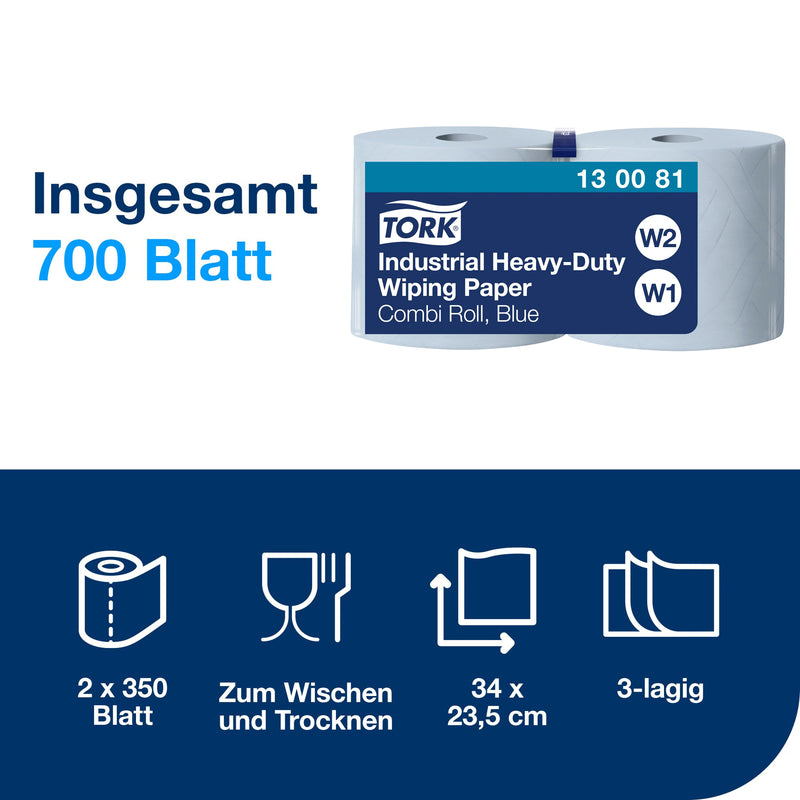 Industrie-Papierwischtücher W1/2 | Blau | Extra Stark | QuickDry | 3-lagig | 119 m | 350 Blatt | Premium | TORK 130081