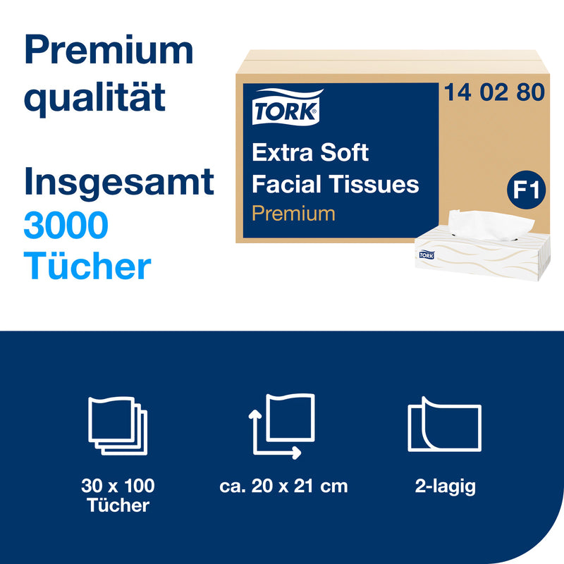 Kosmetiktücher F1 | im Karton-Spender | 2-lagig | 20,9 x 20 cm | 3000 Blatt | Premium | TORK 140280