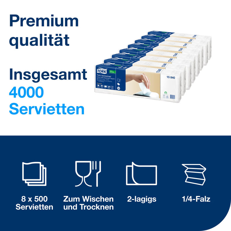 Spenderservietten N4 | Extra Soft | Weiss | Xpressnap® | 2-lagig | 10,7 x 16,5 cm | 4000 Stück | Premium | TORK 15840