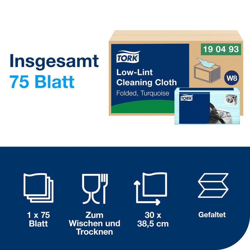 Reinigungstücher W8 | Einzelblatt | Türkis | fusselarm | 1-lagig | 38,5 x 30 m | 600 Tücher | Premium |TORK 190493