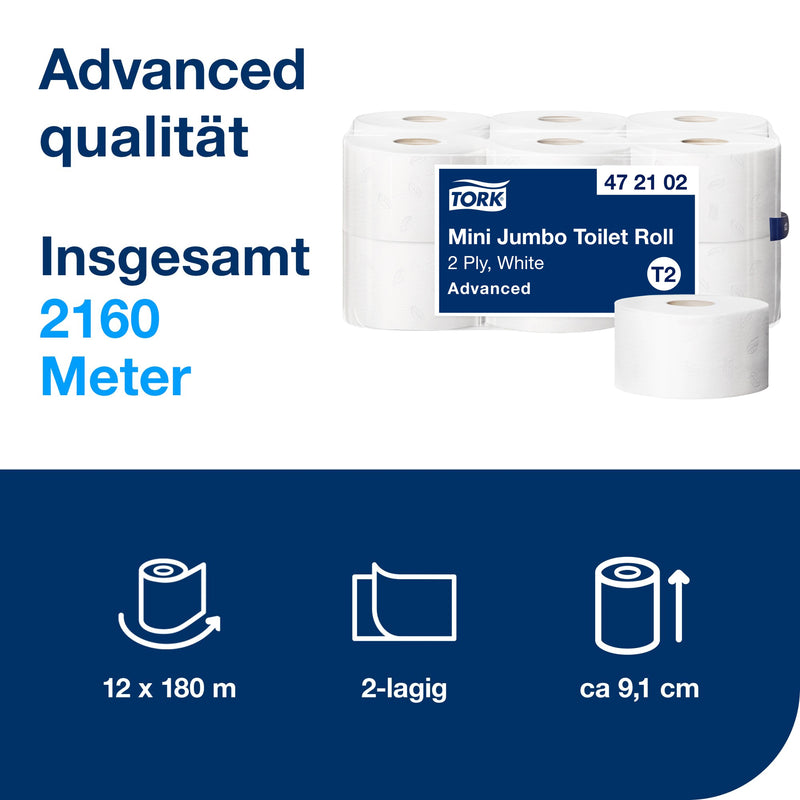 Toilettenpapier Mini Jumbo T2 | 2-lagig | 180 m | 900 Blatt | Advanced | TORK 472102