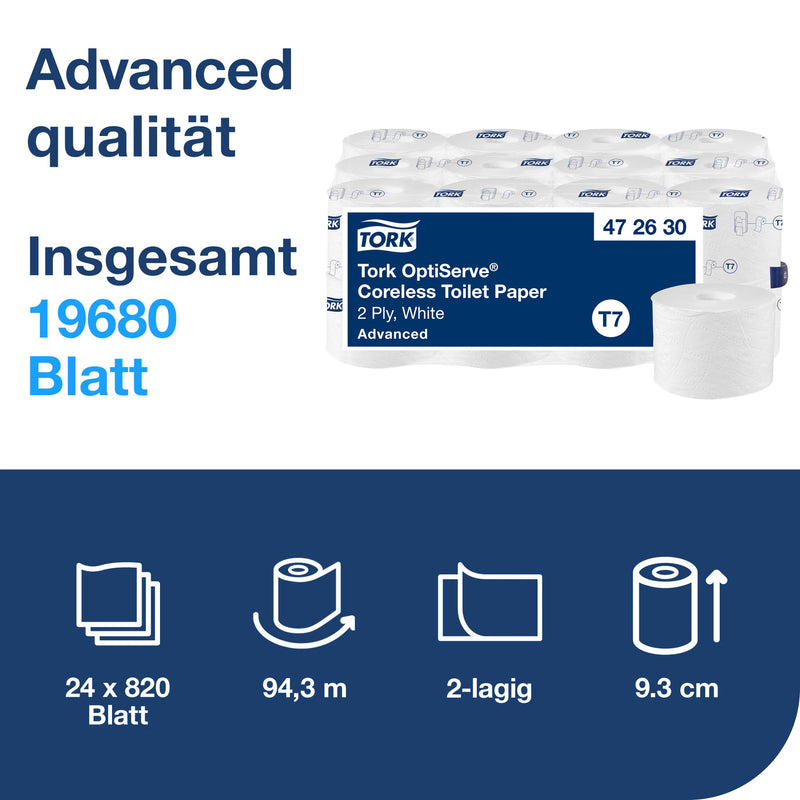 Toilettenpapier OptiServe® T7 | hülsenlos | 2-lagig | 94,3 m | 820 Blatt | Advanced | TORK 472630