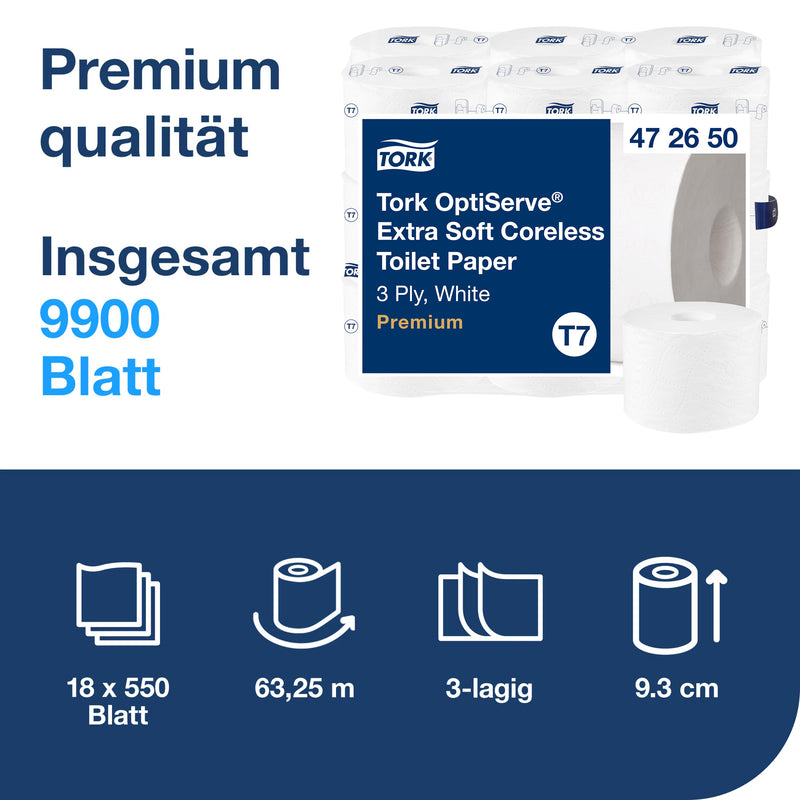 Toilettenpapier OptiServe® Extra Soft T7 | hülsenlos | 3-lagig | 63,25 m | 550 Blatt | Premium | TORK 472650