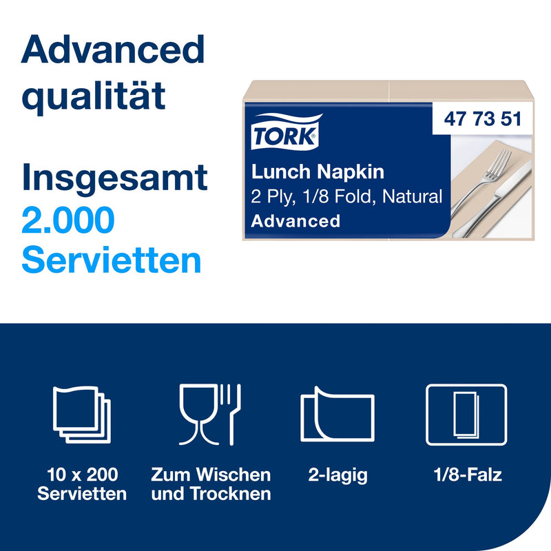 Lunchservietten | Natur | Recycling | 2-lagig | 16,3 x 8,2 cm | 2000 Stück | Advanced | TORK 477351