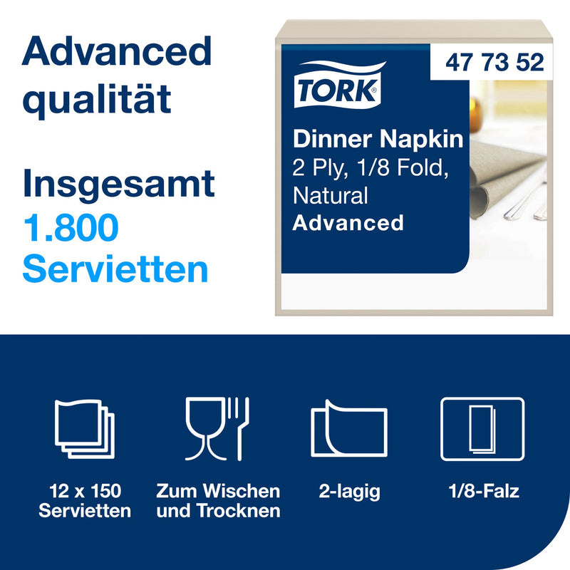 Dinnerservietten | Natur | Recycling | 2-lagig | Umweltsymbol | 19,8 x 9,8 cm | 1800 Stück | Advanced | TORK 477352