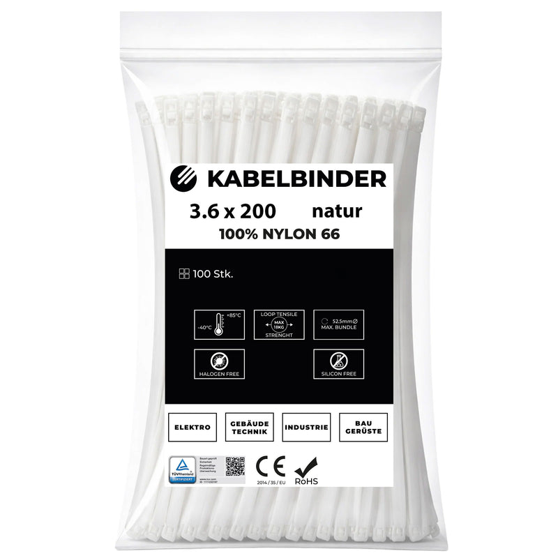 Kabelbinder Universal | 3,6 x 200 mm | Innen- & Aussenbereich | gebogene Spitzen