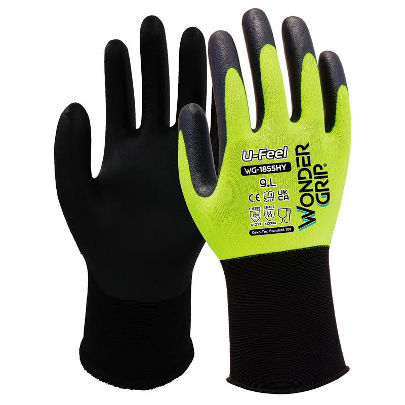 Spandex-Polyester-Arbeitshandschuhe | Kat II | Nitril-Beschichtung | Touchscreen fähig | extra feinfühlig | Wonder Grip® WG-1855HY U-FEEL