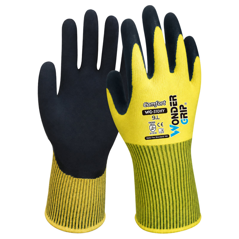 Polyester-Arbeitshandschuhe | Kat II | doppelte Latex-Beschichtung | griffsicher | Hi-Vis Farben | Wonder Grip® WG-310HO COMFORT