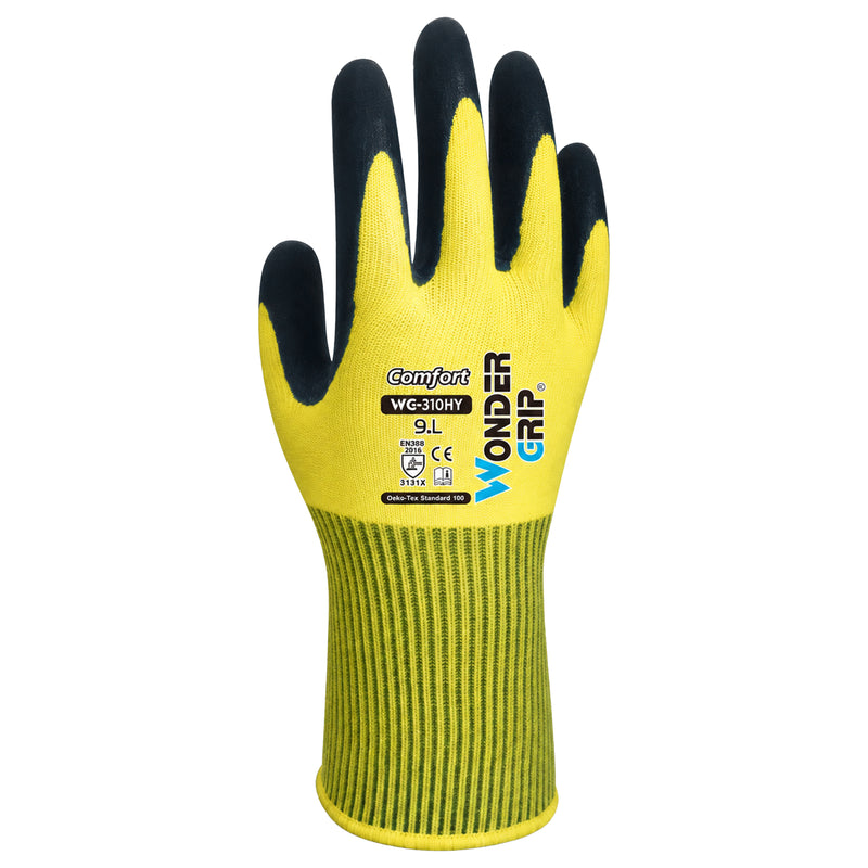 Polyester-Arbeitshandschuhe | Kat II | doppelte Latex-Beschichtung | griffsicher | Hi-Vis Farben | Wonder Grip® WG-310HO COMFORT