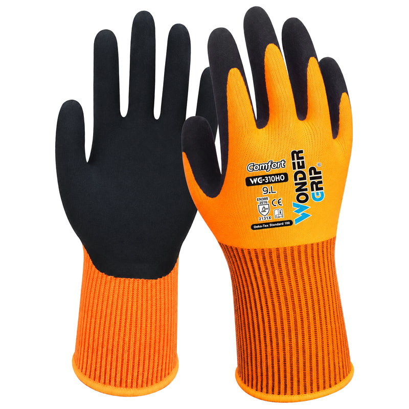 Polyester-Arbeitshandschuhe | Kat II | doppelte Latex-Beschichtung | griffsicher | Hi-Vis Farben | Wonder Grip® WG-310HO COMFORT