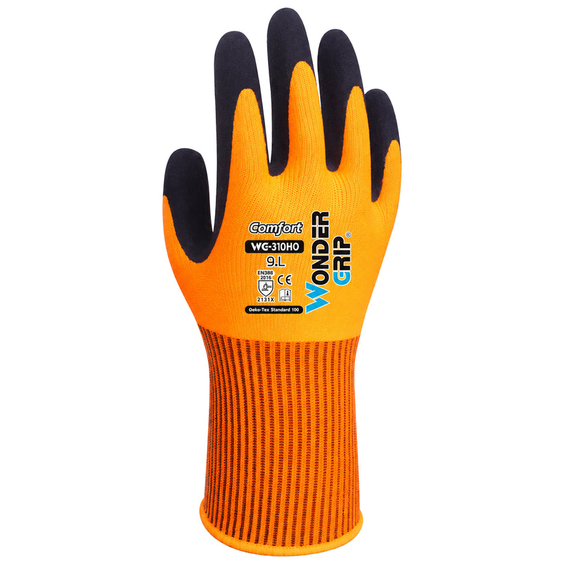 Polyester-Arbeitshandschuhe | Kat II | doppelte Latex-Beschichtung | griffsicher | Hi-Vis Farben | Wonder Grip® WG-310HO COMFORT