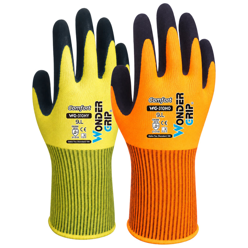 Polyester-Arbeitshandschuhe | Kat II | doppelte Latex-Beschichtung | griffsicher | Hi-Vis Farben | Wonder Grip® WG-310HO COMFORT