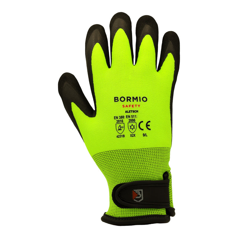 BORMIO SAFETY Aletsch Kälteschutzhandschuh, HiVis gelb/schwarz, Handrücken mit Klettverschluss
