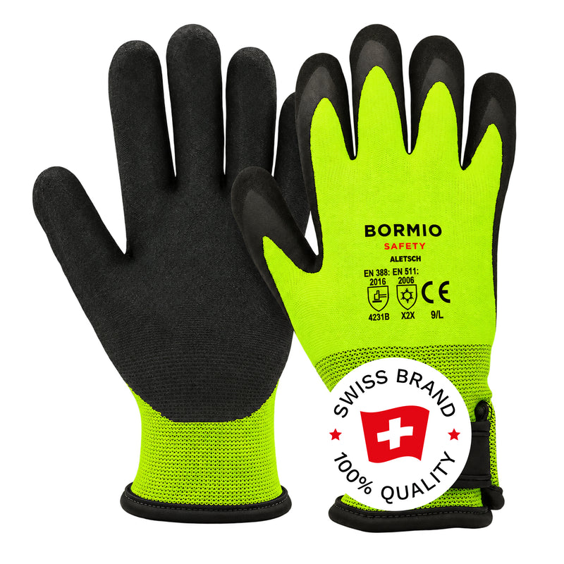 BORMIO SAFETY Aletsch Kälteschutzhandschuhe, HiVis gelb/schwarz, überlappendes Paar, Swiss-Brand-Button
