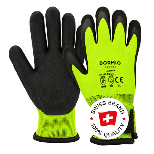 BORMIO SAFETY Aletsch Kälteschutzhandschuhe, HiVis gelb/schwarz, überlappendes Paar, Swiss-Brand-Button