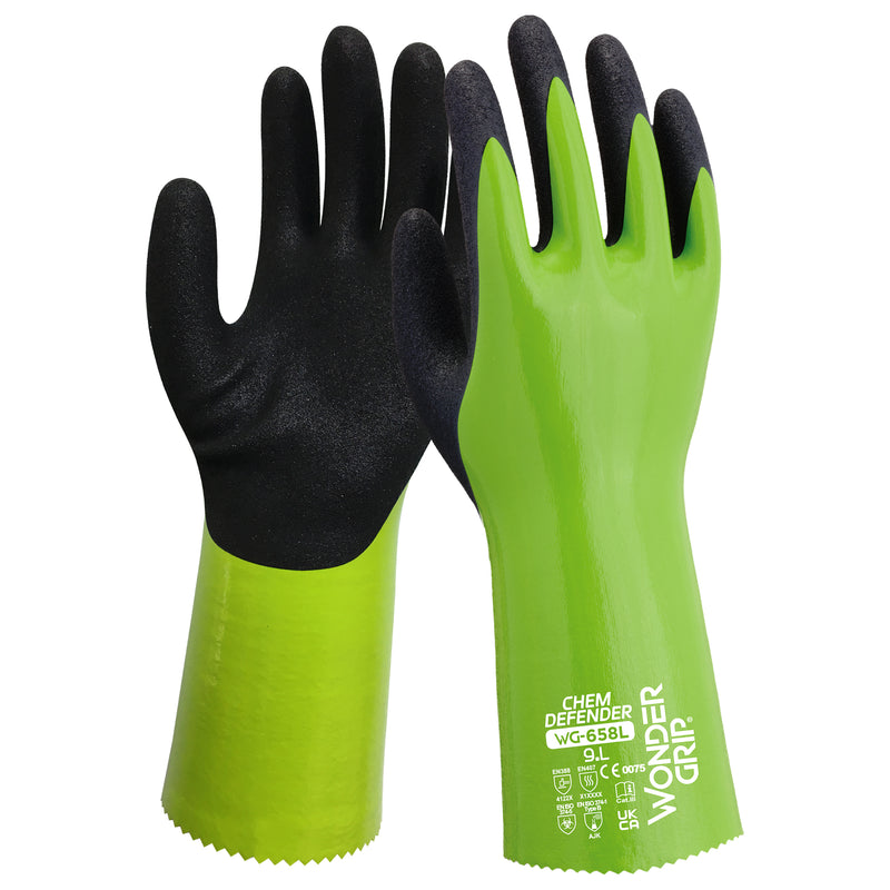 Nylon/Polyester-Chemikalienschutz-Handschuhe | Typ B | EN 374-5 | Kat III | Nitril-Vollbeschichtung | öl- & chemikalienbeständig | Wonder Grip® WG-658L CHEM DEFENDER