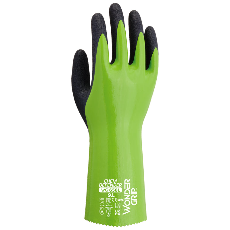 Nylon/Polyester-Chemikalienschutz-Handschuhe | Typ B | EN 374-5 | Kat III | Nitril-Vollbeschichtung | öl- & chemikalienbeständig | Wonder Grip® WG-658L CHEM DEFENDER