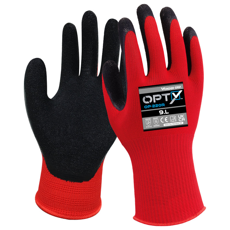 Polyester-Arbeitshandschuhe | Kat II | Latex-Beschichtung | gepolsterte Handfläche | langlebig griffsicher | Wonder Grip® OP-220R OPTY™