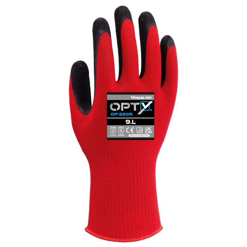 Polyester-Arbeitshandschuhe | Kat II | Latex-Beschichtung | gepolsterte Handfläche | langlebig griffsicher | Wonder Grip® OP-220R OPTY™