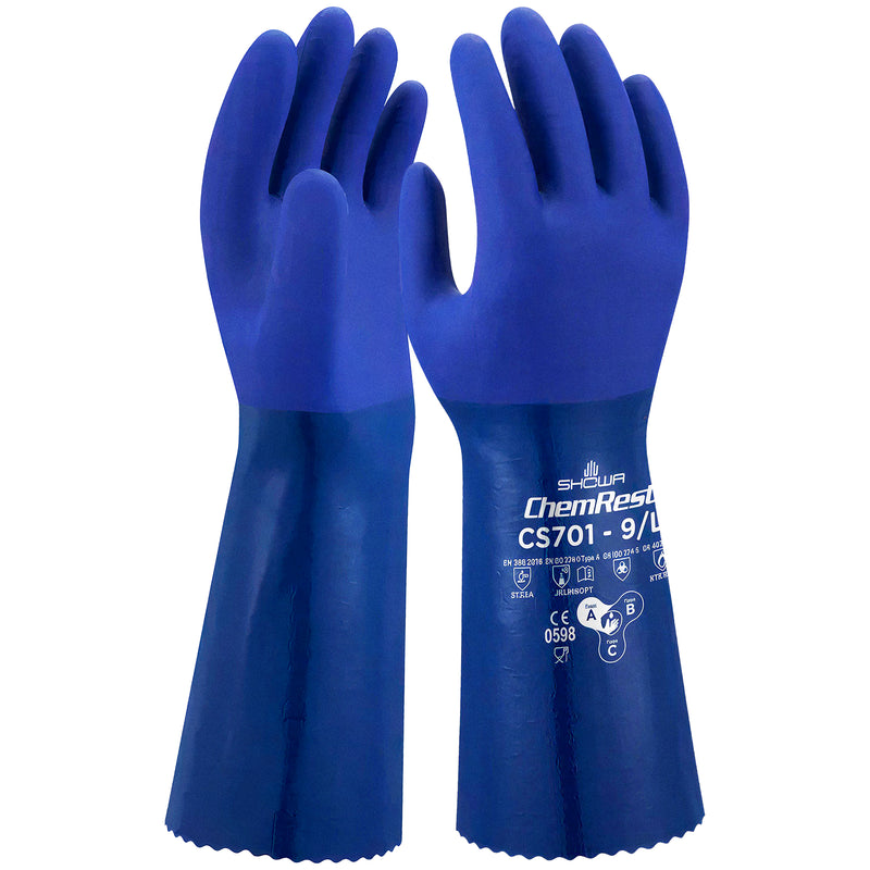 PE-Chemikalien-Schutzhandschuhe | Typ A | EN ISO 374-5 für Bakterien & Pilze | abrieb-, schnitt- & reissfest | lebensmittelgeeignet | Kat III | Nitril-Beschichtung | SHOWA™ CS701