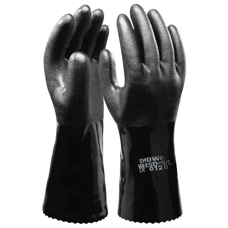 PVC-Chemikalien-Schutzhandschuhe | Typ A | EN ISO 374-5 für Bakterien & Pilze | abrieb-, schnitt- & reissfest | EN 16350 antistatische Ausführung | Kat III | PVC-Beschichtung | SHOWA™ 660 ESD