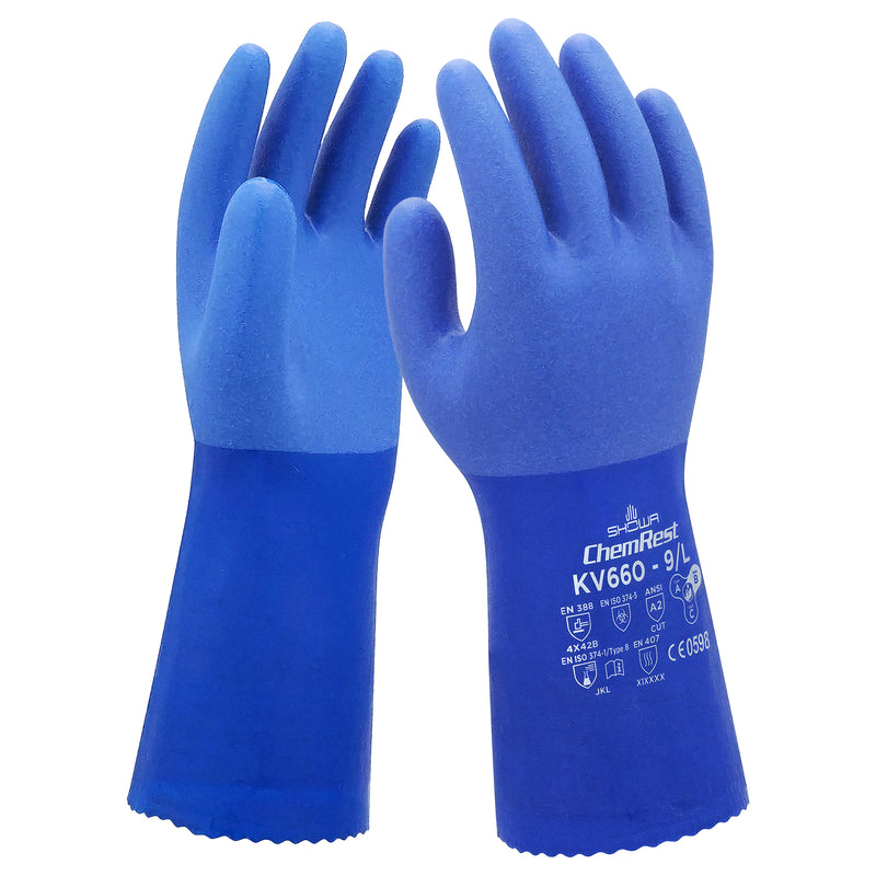 Aramid-Chemie-/Schnittschutz-Handschuhe | Typ B | Stufe B | abrieb-, schnitt- & reissfest | EN 407 Hitzeschutz | Kat III | PVC-Beschichtung | 100% Kevlar | SHOWA™ KV660