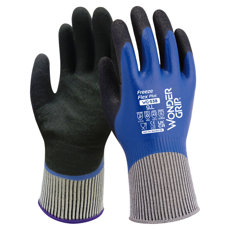 Acryl-Polyester-Kälteschutzhandschuhe | Schnittschutz Stufe B | Kat II | Nitril-Vollbeschichtung | Kontaktkälte Stufe 2 | Wonder Grip® WG-538 FREEZE FLEX PLUS