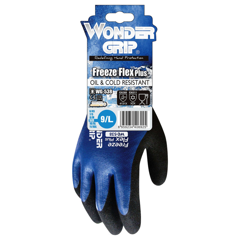 Acryl-Polyester-Kälteschutzhandschuhe | Schnittschutz Stufe B | Kat II | Nitril-Vollbeschichtung | Kontaktkälte Stufe 2 | Wonder Grip® WG-538 FREEZE FLEX PLUS