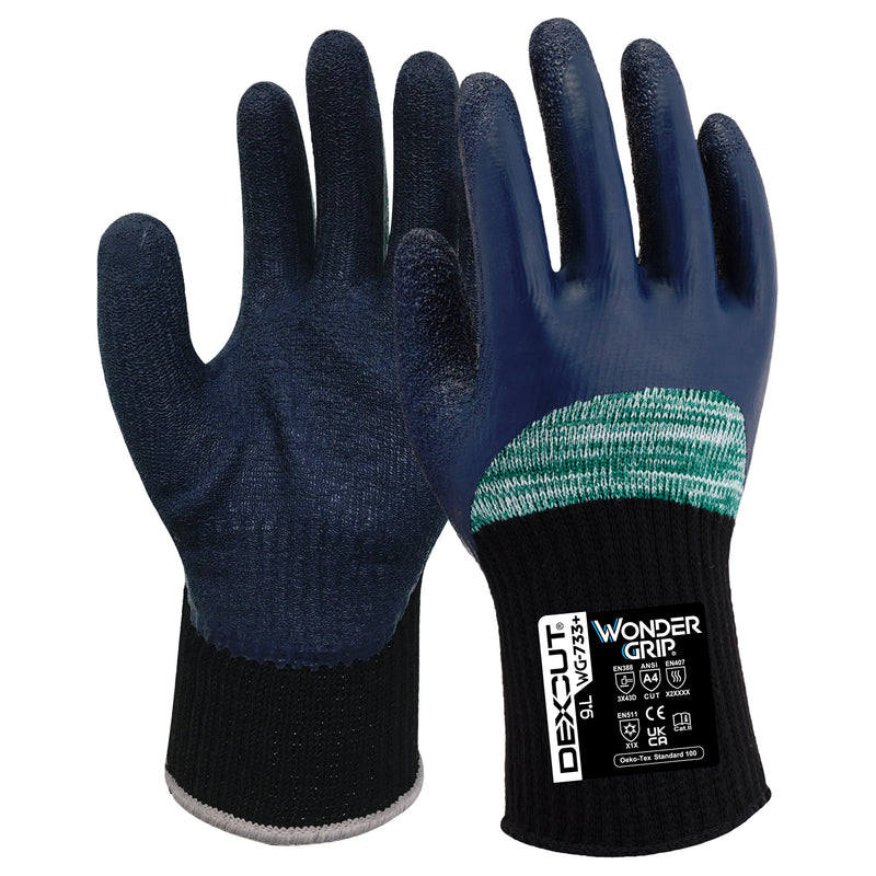 Spandex-Polyester-Schnittschutz-Handschuhe | Stufe D | Kat II | 3/4-Latex-Beschichtung | Kontaktkälte Stufe 1 | Wonder Grip® WG-733+ DEXCUT®