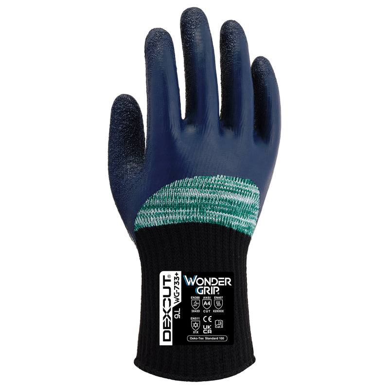 Spandex-Polyester-Schnittschutz-Handschuhe | Stufe D | Kat II | 3/4-Latex-Beschichtung | Kontaktkälte Stufe 1 | Wonder Grip® WG-733+ DEXCUT®